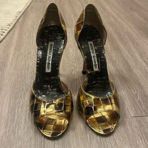 Manolo Blahnik Heels - Astutado Metallic Patch Gold Shoes